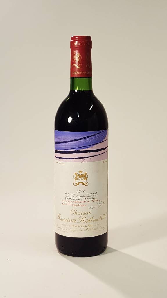 1 Flasche 1980 Chateau Mouton Rothschild, Pauillac, Premier Cru Classe, Künstleretikett:Hans Hartung, ca. 75 cl, Füllstand: ca. top shoulder, ...