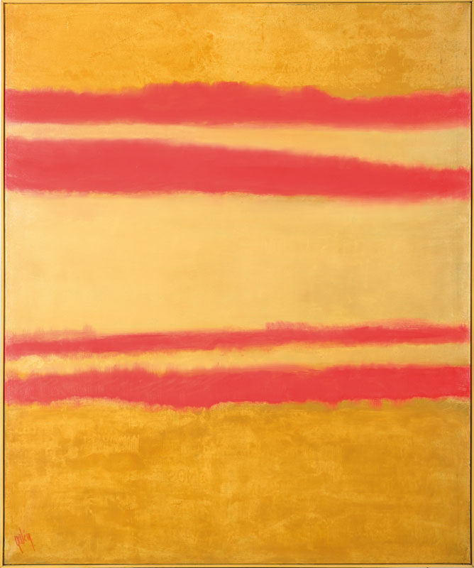 Gaston Galé, zeitgenössischer Belgischer Künstler, Abstrakte Komposition in Gelb und Pink, Acryl/Lwd, links unten signiert, ca. 120x100 cm, Leiste