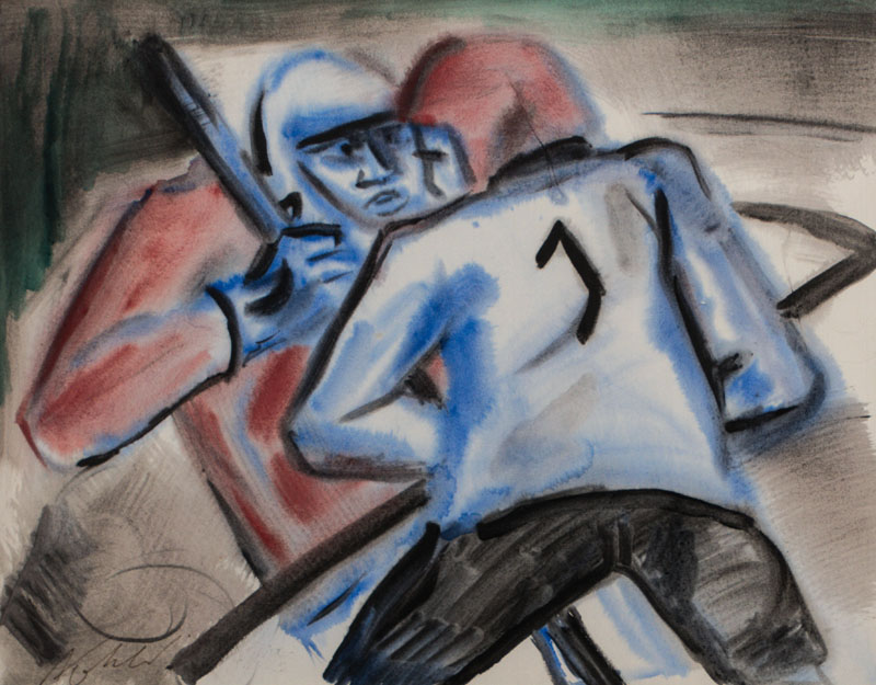 Alfred Kohler, 1916-1984 Schwabach, Hockey-Spieler, Aquarell auf Karton, links unten signiert, Blattgr. ca. 47x60 cm, PP, unter Glas gerahmt, Kohlers ...