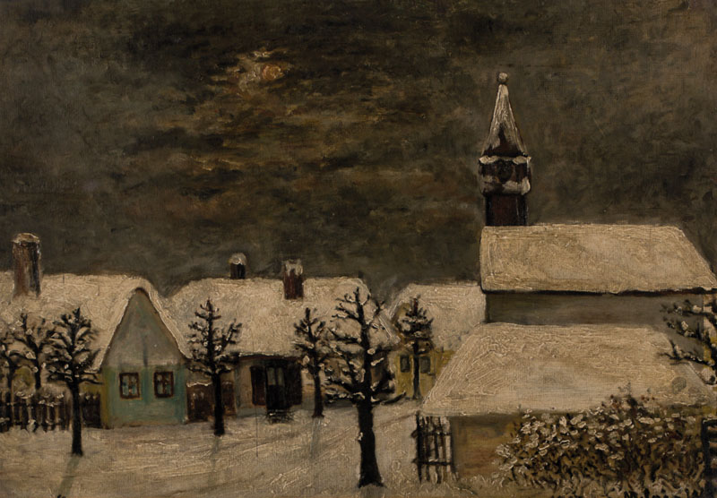 J. Muluin, Deutscher Maler, Ostpreußen, Ansicht auf ein verschneites Dorf, Öl/Malpappe, rechts unten signiert und datiert 1917, rückseitig ...