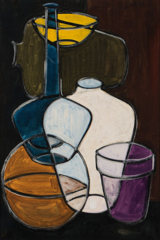 Unbekannter Künstler, Abstraktes Stillleben, Öl/Lwd., links unten bezeichnet J, ca. 60x80 cm, Rahmen