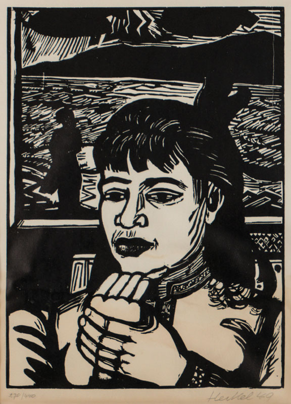 Erich Heckel, 1883-1970, Junge Frau, Holzschnitt, signiert und nummeriert 270/440, datiert 49, Motiv ca. 40x29 cm, PP, unter Glas gerahmt, unterer ...