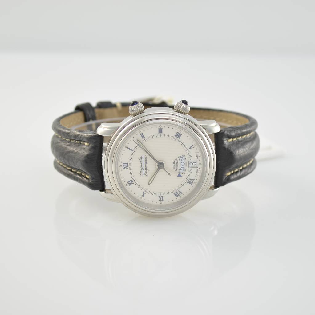 AUGUSTE REYMOND limitierte Herrenarmbanduhr mit Wecker, Schweiz um 1997, Automatik, beids. vergl. Stahlgeh., Boden & Glasrand gedr., silb. ...
