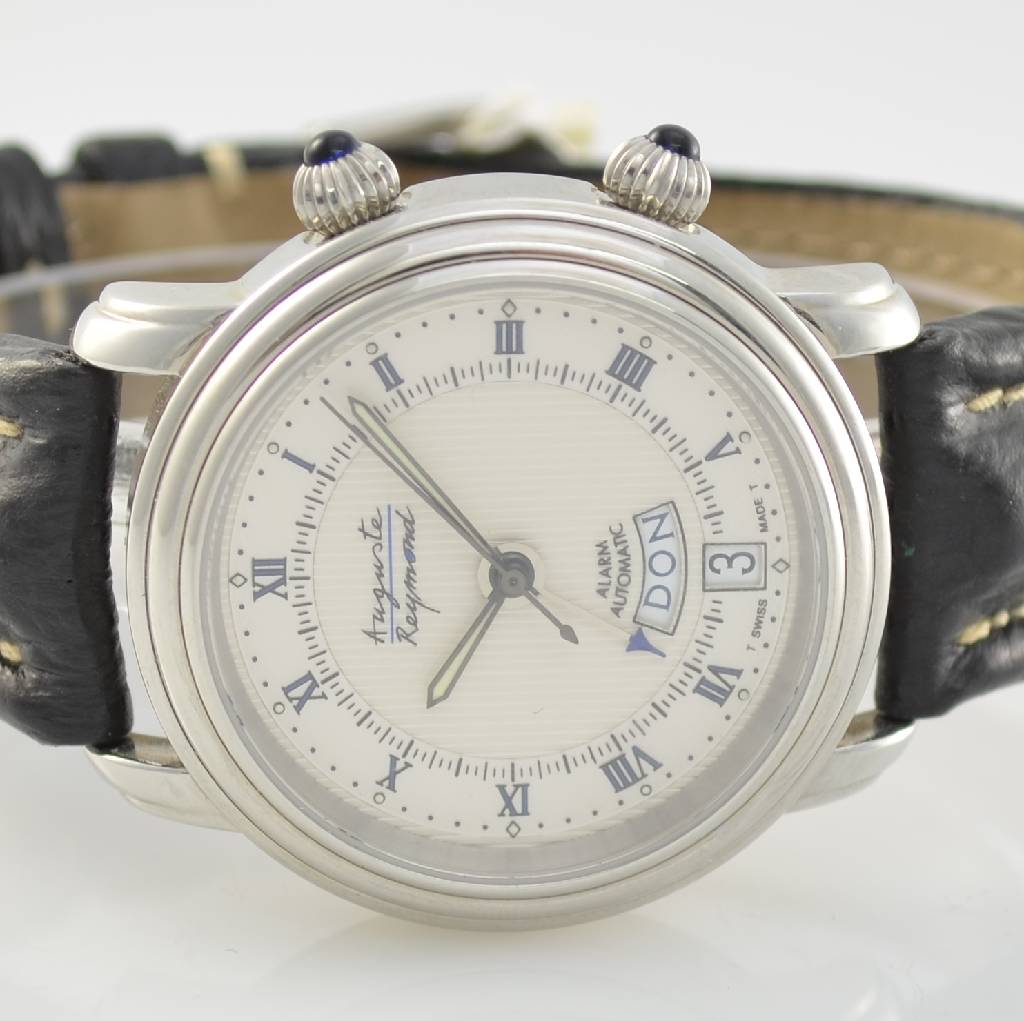 Detail a: AUGUSTE REYMOND limitierte Herrenarmbanduhr mit Wecker, Schweiz um 1997, Automatik, beids. vergl. Stahlgeh., Boden & Glasrand gedr., silb. ...