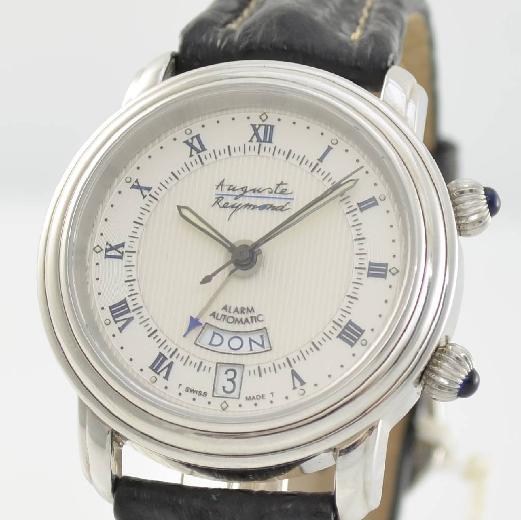 Detail c: AUGUSTE REYMOND limitierte Herrenarmbanduhr mit Wecker, Schweiz um 1997, Automatik, beids. vergl. Stahlgeh., Boden & Glasrand gedr., silb. ...