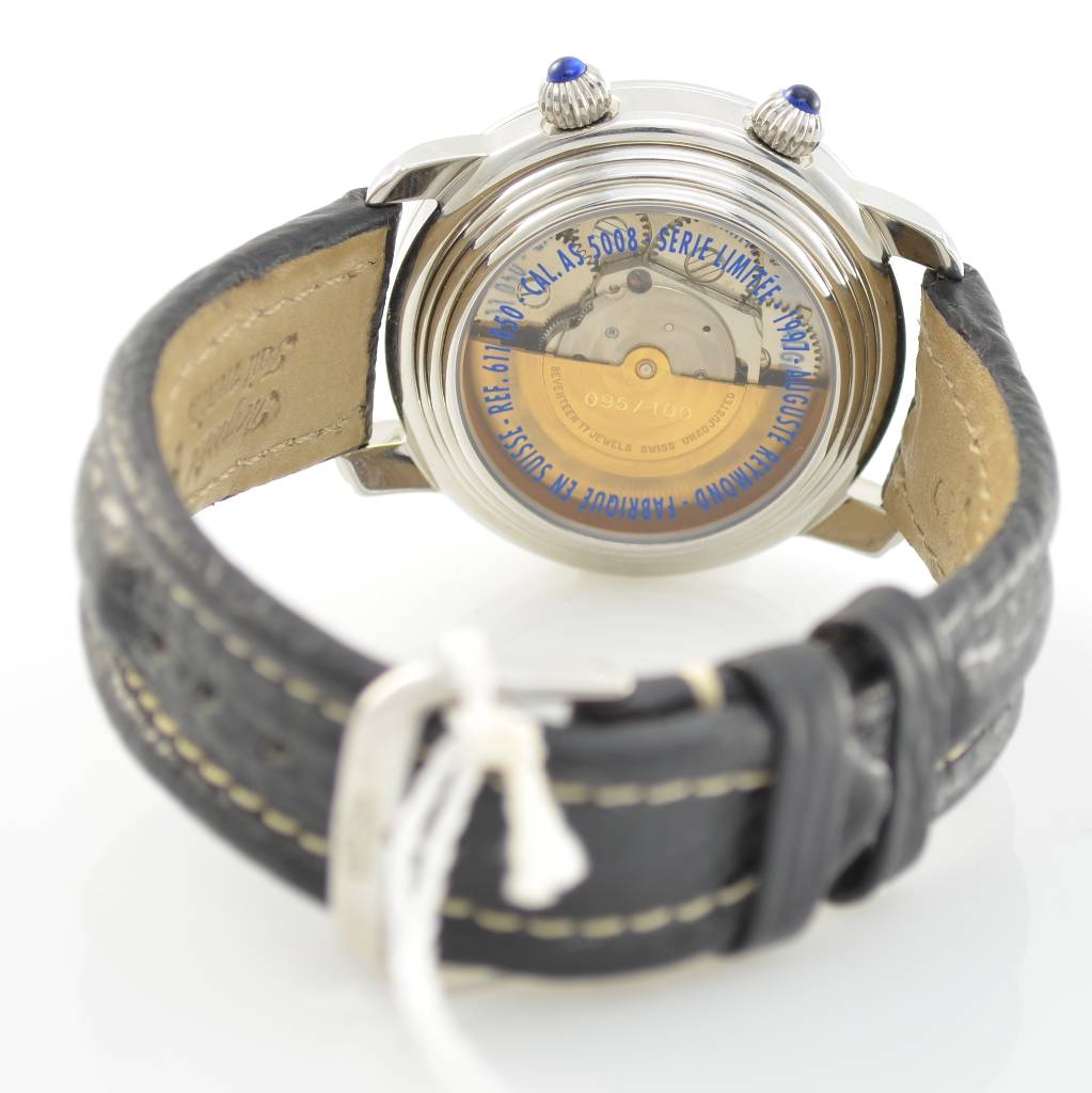 Detail d: AUGUSTE REYMOND limitierte Herrenarmbanduhr mit Wecker, Schweiz um 1997, Automatik, beids. vergl. Stahlgeh., Boden & Glasrand gedr., silb. ...