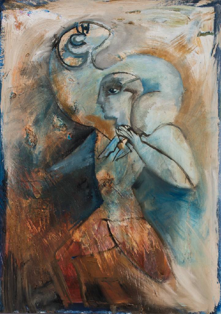 Unbekannter Künstler, monogrammiert CH, ägyptische Figur mit Lamm, Acryl/Lwd, ca. 78x58 cm, Rahmen