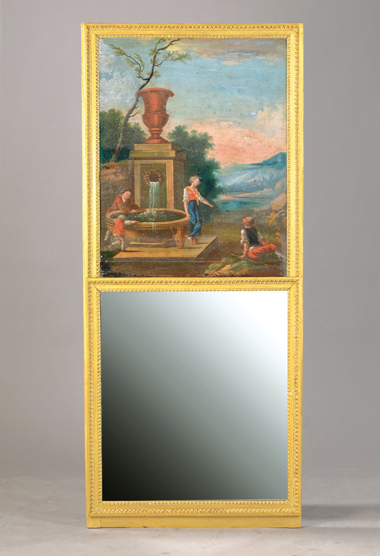 Selten kleines Trumeau, Frankreich, um 1780/90, Weichholz goldfarben gefaßt, klassizistischer Dekor: Perl- u. Palmettenfries, über Spiegel ...