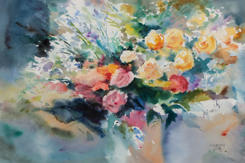 Martin Lutz, geb. 1948, Blumenstrauß, Aquarell, 1992, signiert, ca. 70x89 cm, unter Glas gerahmt