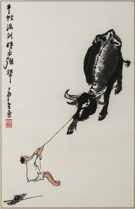 Li Ko-Jan, geb. 1907 China, Schüler des Altmeisters Qi Baishi und Huang Pin-hung, Büffel und Mann, Holzschnitt, ca. 63x41 cm, unter Glas gerahmt