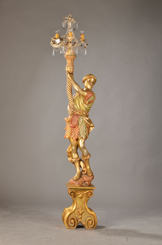 Stehlampe, im Venezianischen Stil, 20. Jh., Holz, gefaßt, Lampenaufsatz verändert, H. 200cm, l. Gebr.spuren