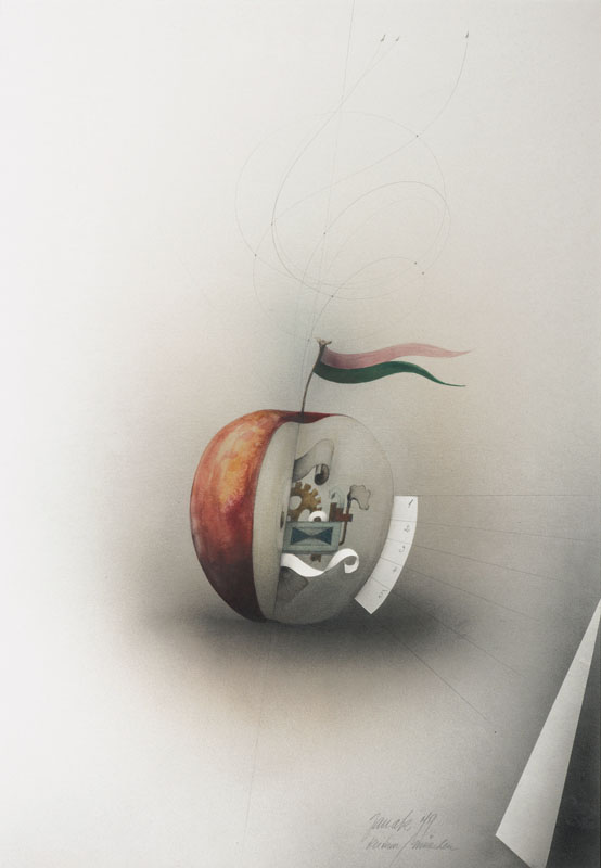Alois Janak, geb. 1924 Tschechien, mechanischer Apfel, Gouache/Papier, ca. 73x51 cm, datiert 79 München, handsigniert, unter Glas gerahmt