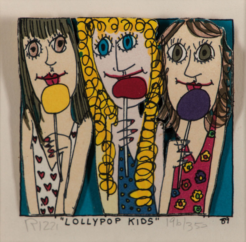 James RIZZI, 1950-2011, Lollypop Kids, 3D- Lithografie, num. 196/350, signiert, dat. 89, ca. 11x10 cm, unter Glas gerahmt, mit Zertifikat