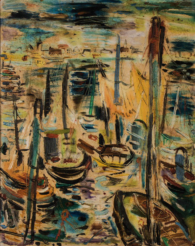 Bodo Francke, 1918-1977, Hafenansicht, Öl/Hartfaser, rückseitig signiert, 75x60 cm, Rahmen