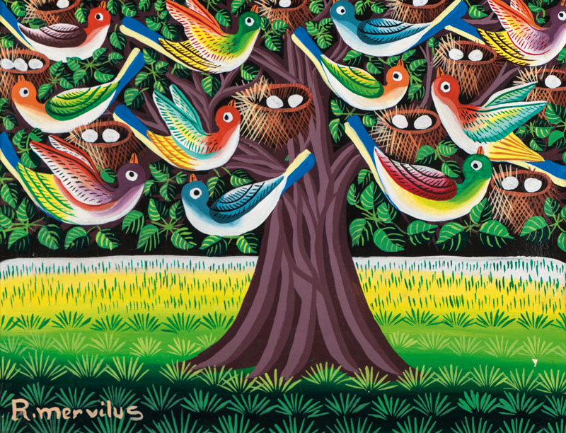 R. Mervilus, haitianischer Naiver Maler, Baum mit Vögel, Acryl/Lwd, ca. 31x41 cm, links unten signiert, rechts unten leichte Farbabblätterung, ...