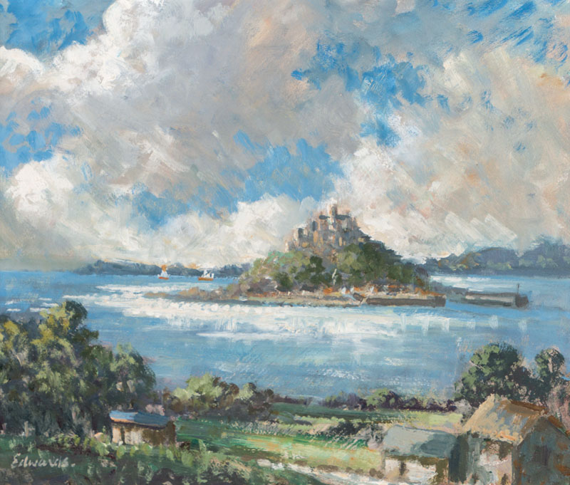 John Edwards, geb. 1914 Cornwell, Sicht auf St. Michael´s Mount, Acryl/Karton, rechts unten signiert, ca. 31x36cm, gerahmt