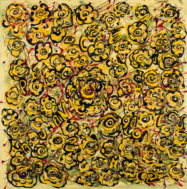 Zimcon, geb. 1938 Hannover, Meisterschüler von A.R. Penck, hier: Peace and human rights, Acryl/Lwd, signiert, verso betitelt, 100x100 cm