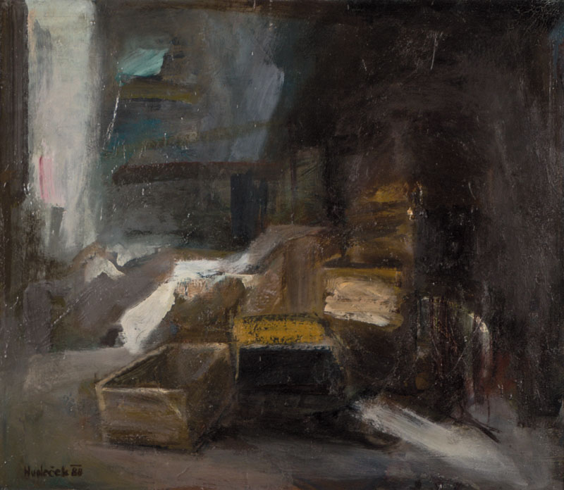 Hudecek, tschechischer Künstler, zakouti s bednami (Ecke mit Kisten), Öl/Lwd, signiert und datiert 88, verso betitelt, ca. 55x61 cm, gerahmt