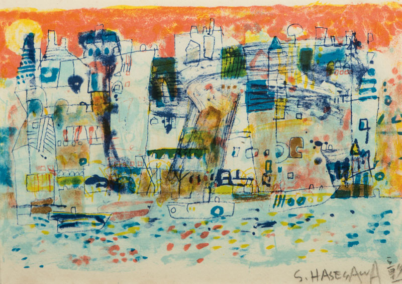 Shoichi Hasegawa, geb. 1929, La seine et lesremorqueurs, Farblithografie, handsigniert, ca. 15x22 cm, unter Glas gerahmt