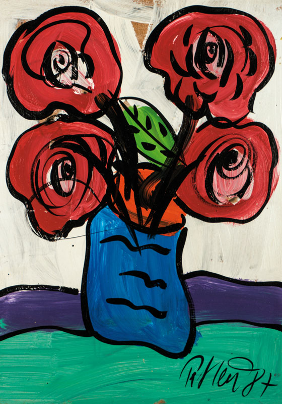 Peter Robert Keil, geb. 1942, Rote Blumen in blauer Vase, Acryl/Lwd, sign, dat. 87, 70x50 cm, Rahmen