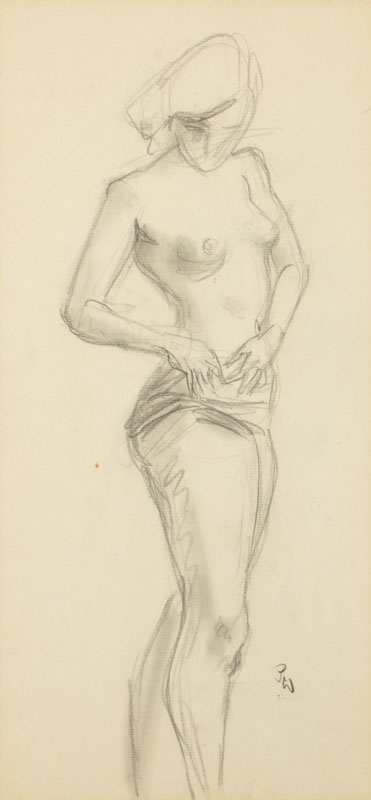 Monogrammist P.W., Stehender Mädchenakt, Bleistiftzeichnung, 1950/60, Blattmaß 52x24,5 cm, unter Glas gerahmt