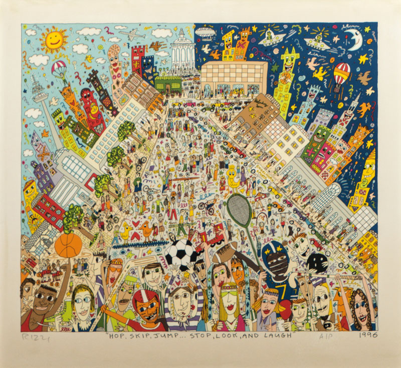 James RIZZI, 1950-2011, Farblithographie, Hop, Skip, Jump... Stop, Look, and Laugh, sign, betitelt, dat. 1996, A/P, ca. 34x39,5 cm, unter Glas gerahmt
