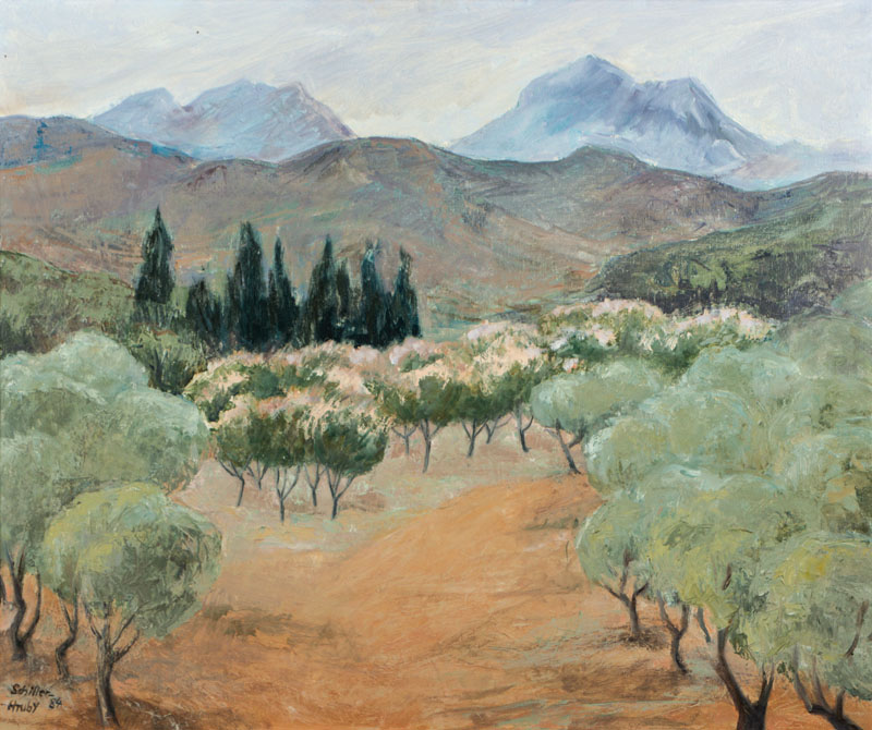 Schiller-Hruby, Landschaftsgemälde, Acryl/Lwd, signiert rechts unten, dat. 84, ca. 52x62 cm, Rahmen