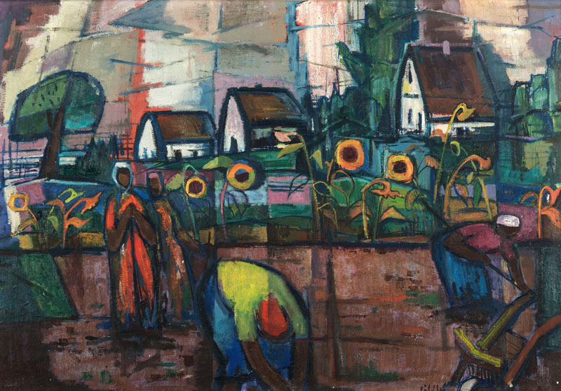 Paul Löffler, 1938-1995 Mannheim, Haus und Garten, Acryl/Lwd, signiert rechts unten, ca.95x66 cm, Rahmen