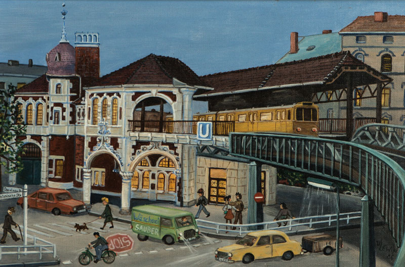 Ursula Lewin, Schlesisches Tor Berlin, naive Malerei, Acryl/Spanplatte, signiert, dat. 88, 20x30 cm, Rahmen