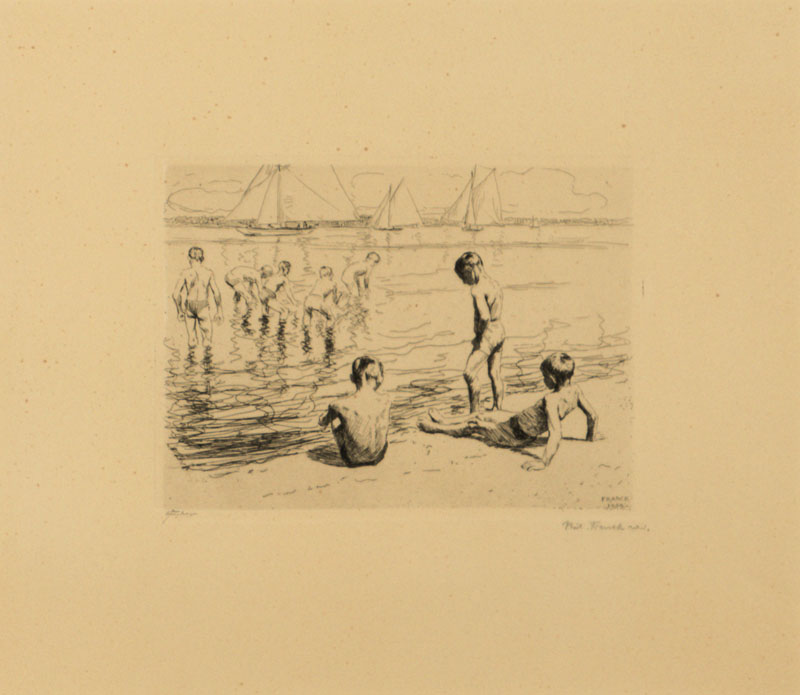 Philipp Franck, 1860-1944, Badende Knaben im Wannsee, Radierung auf Kupferdruckpapier, signiert, datiert 1909, Blattmaß 43,5x59 cm, unter Glas ...