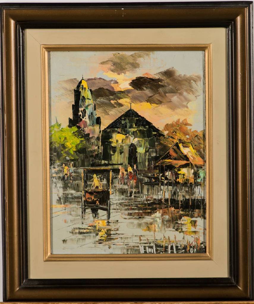 unbekannter Künstler, asiatisches Motiv, Öl/Hartfaser, unleserlich sign., 37x31 cm, Rahmen