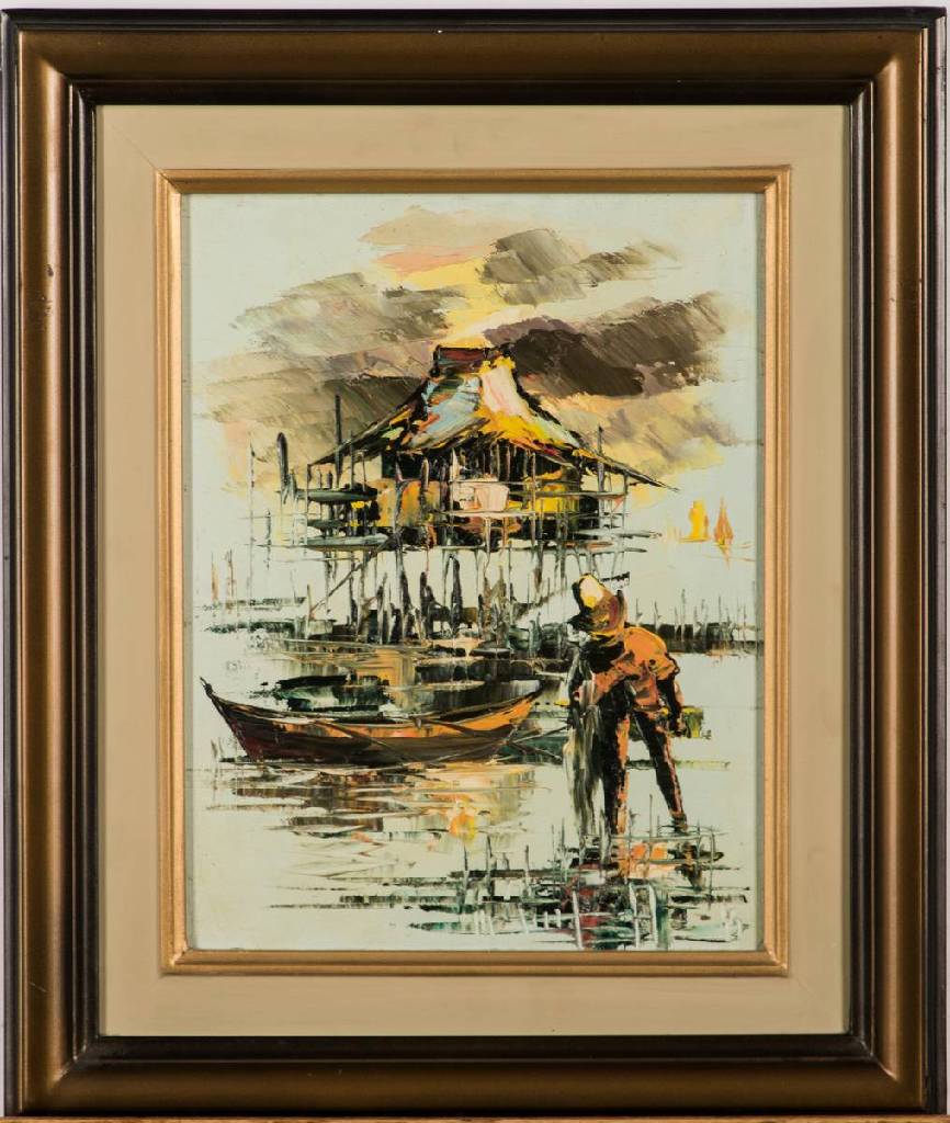 unbekannter Künstler, asiatisches Motiv, Öl/Hartfaser, unleserlich sign., 37x31 cm, Rahmen