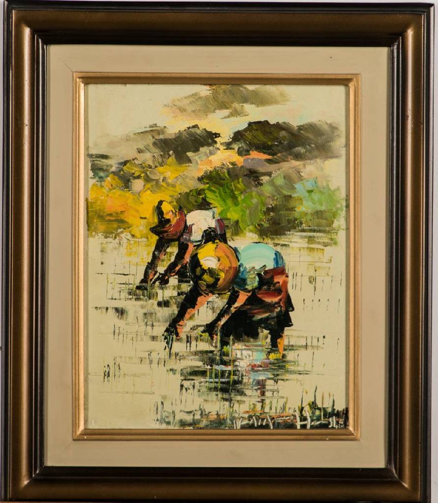 unbekannter Künstler, asiatisches Motiv, Öl/Hartfaser, unleserlich sign., 37x31 cm, Rahmen