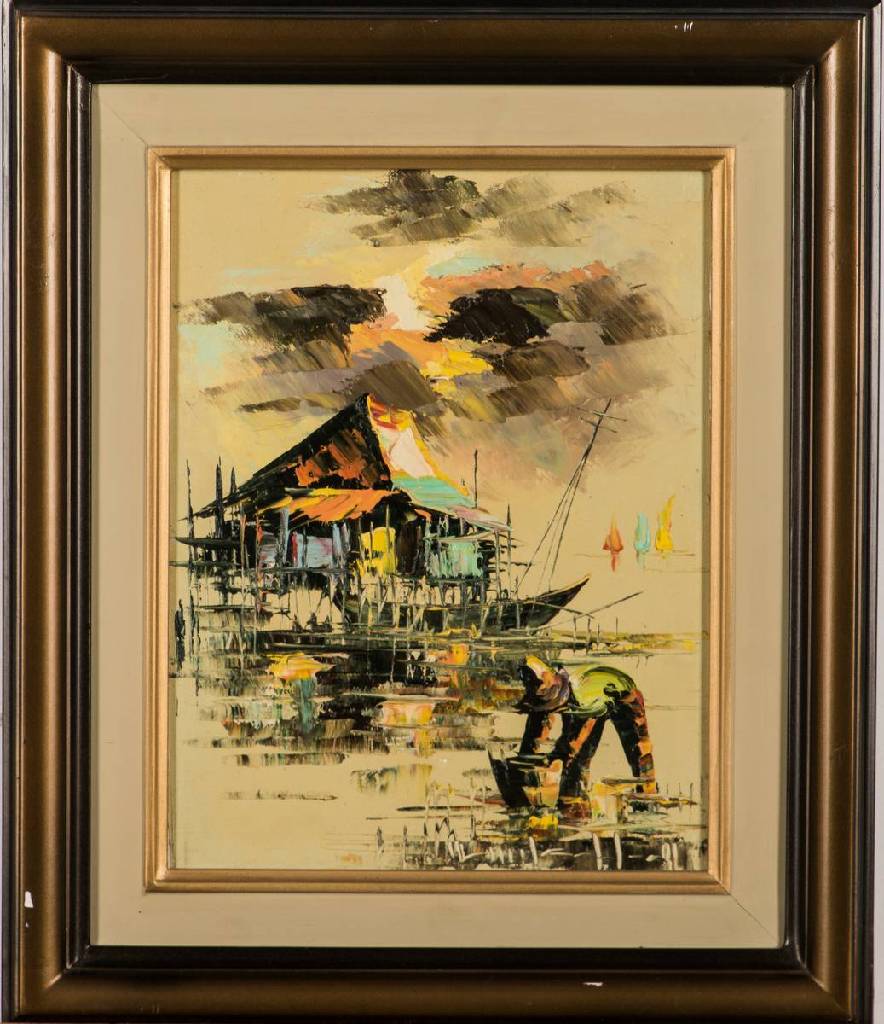 unbekannter Künstler, asiatisches Motiv, Öl/Hartfaser, unleserlich sign., 37x31 cm, Rahmen