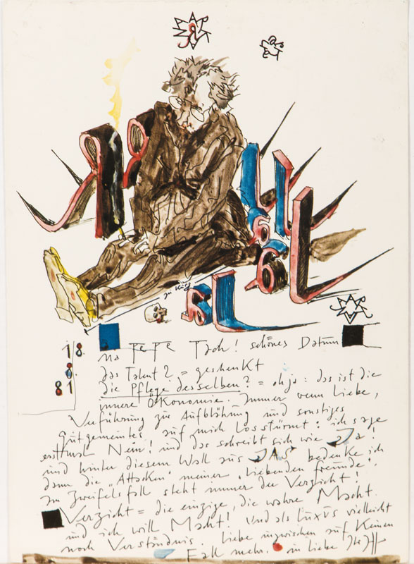 Detail a: Horst Janssen, 1929-1995, zwei Postkarten, handbeschrieben von Janssen, mit kleinen Farbillustrationen im Text, je ca. 15x10,5 cm
