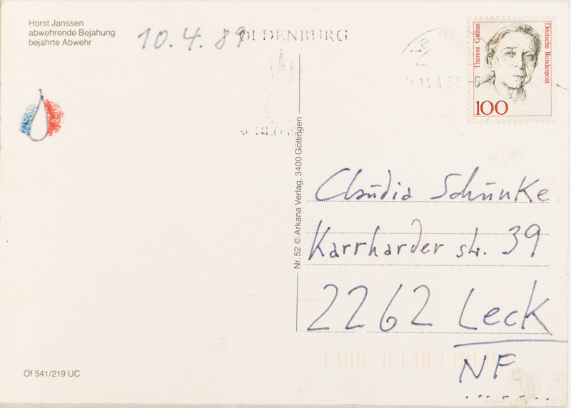 Detail b: Horst Janssen, 1929-1995, zwei Postkarten, handbeschrieben von Janssen, mit kleinen Farbillustrationen im Text, je ca. 15x10,5 cm
