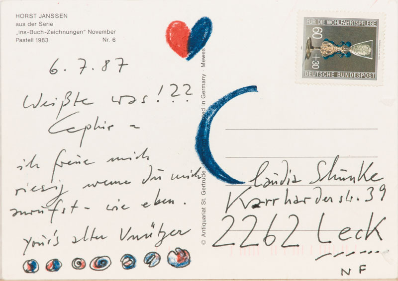 Detail c: Horst Janssen, 1929-1995, zwei Postkarten, handbeschrieben von Janssen, mit kleinen Farbillustrationen im Text, je ca. 15x10,5 cm