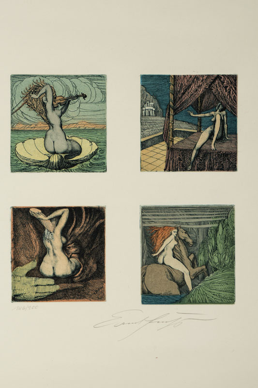 Ernst Fuchs, 1930-2015, Farbaquatintaradierung, Die Geburt der Venus/ Nikolaus/ Zyklopische Landschaft/ O.T., sign, num. 146/200, Blattmaß 59x42 cm