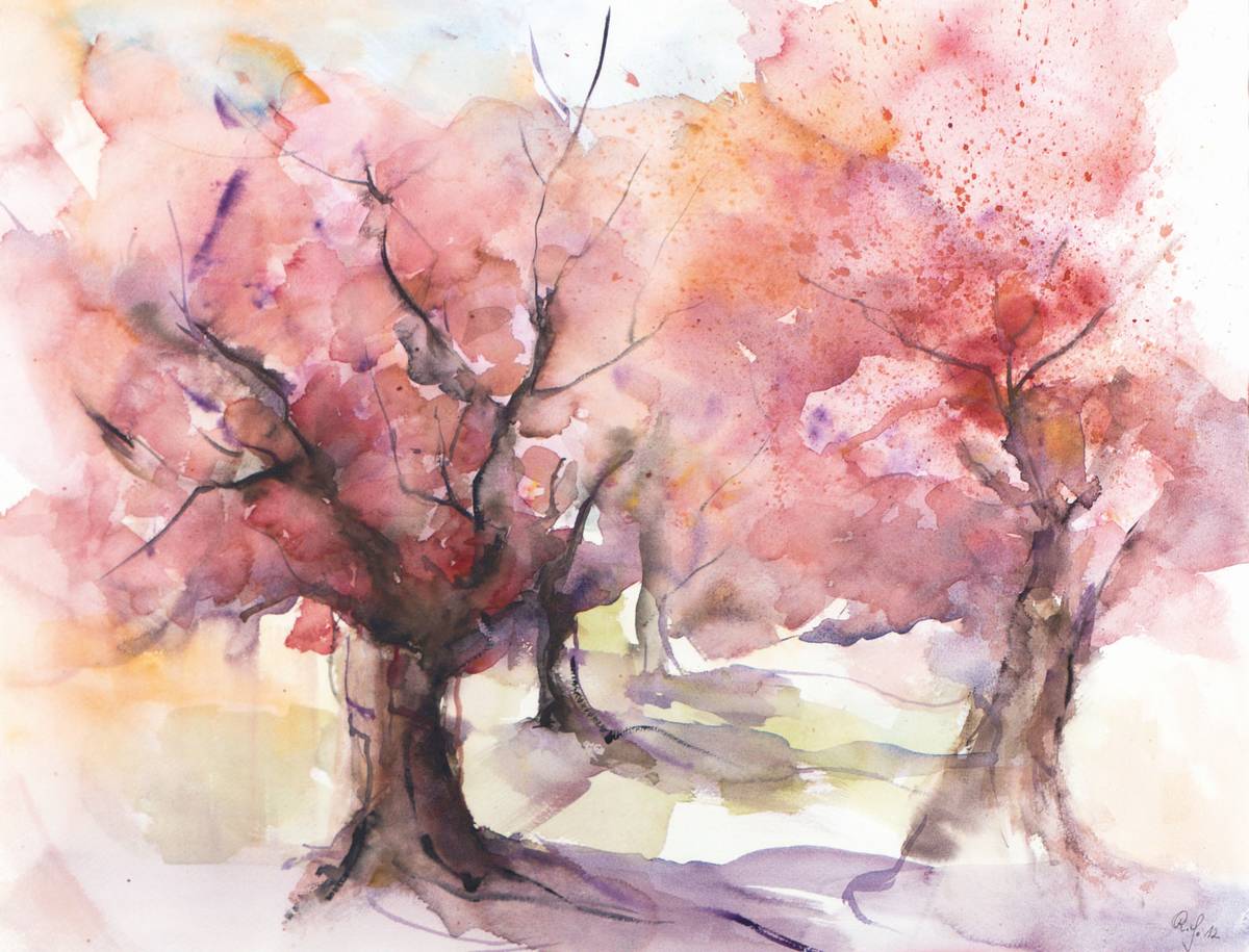 unbekannte Künstlerin, Mandelbäume, Aquarell, monogr. R.S., PP, Ausschnitt 48x63 cm, unter Glas gerahmt