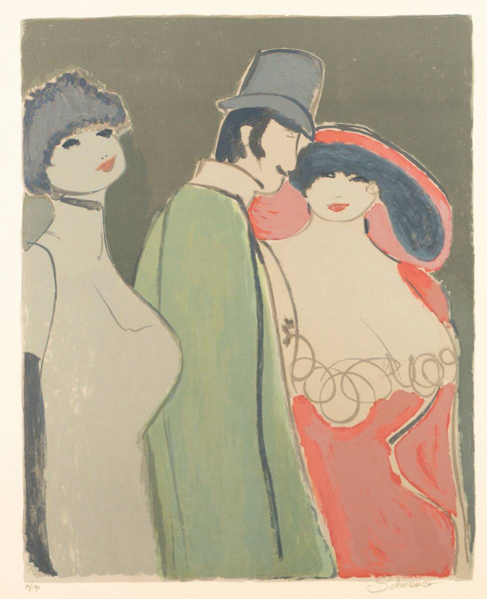 David Schneuer, 1905-1988, Ein Herr mit zwei Damen, Farblithografie, sign, num. 39/190, ca. 51x40,5 cm, unter Glas gerahmt