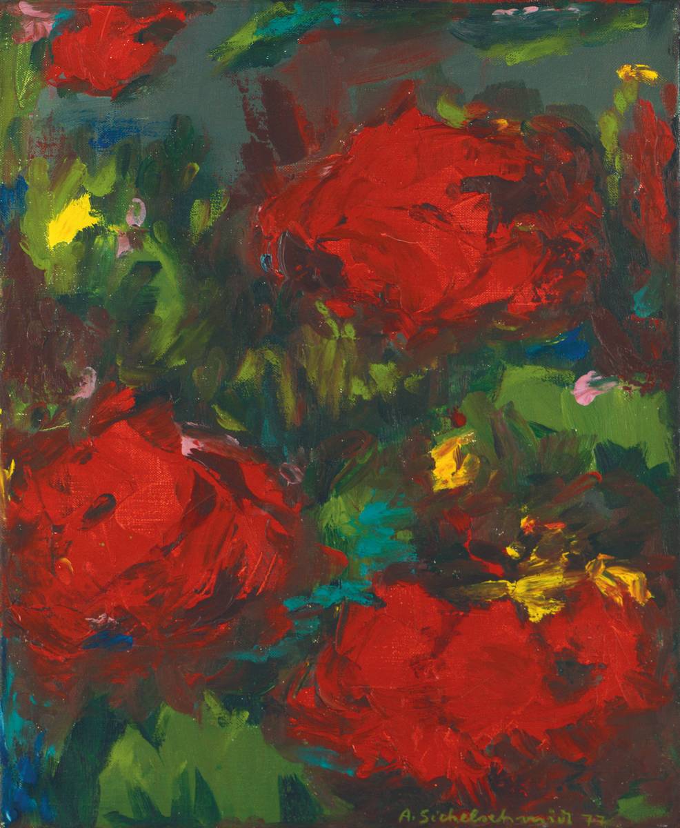 A. Sichelschmidt, zeitgenössischer Künstler, expressionistische Blumendarstellung, Acryl/Lwd, sign., ca. 47x39 cm, Rahmen