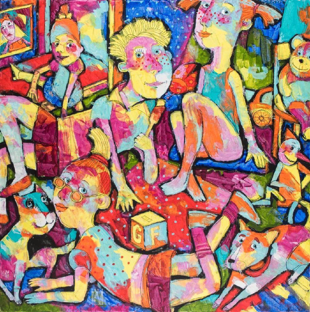 Lora Monz, geb. 1976 Ukraine, Kinderzimmer, Acryl/Lwd, sign., 100x100cm