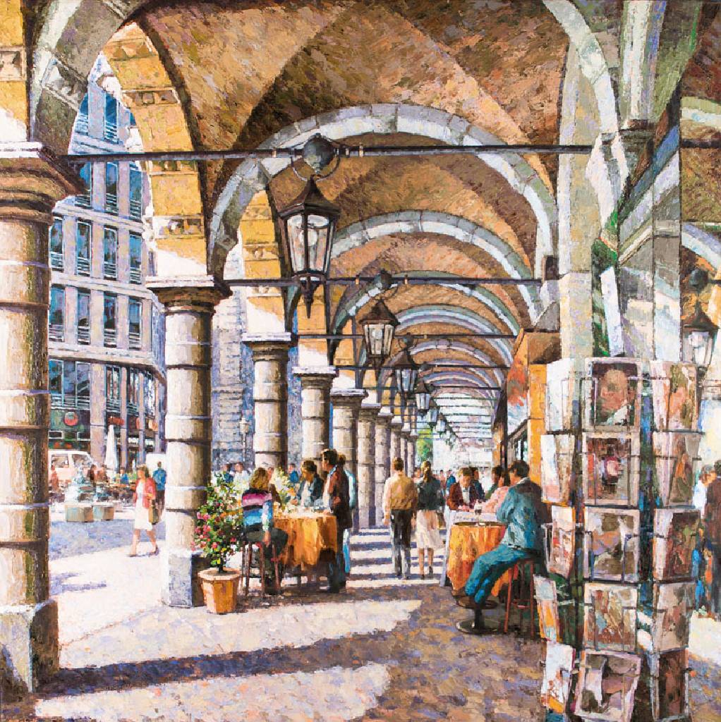 Mehdi, geb. 1953 Teheran, Straßenszene, Mischtechnik/Lwd, sign., 100x100cm