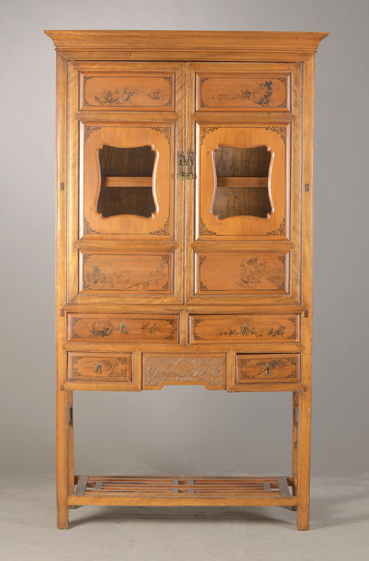 Vielzweckschrank, China, um 1900, vierschübig, Vitrinenteil Sekundär, verglast, Nussbaum, 2-türig u. 4-schübig, Stollenkonstruktion mit Unterbau, ...