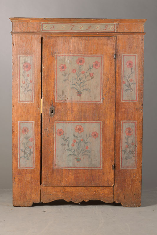 Kleiner Bauernschrank, Hessen, dat. 1792, Weichholz polychrom gefaßt, 1-türig, stiltypische Bauernblumenbemalung, Altersbedingte Fassungsverluste, ...