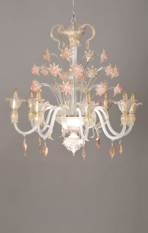 Murano-Deckenleuchter, Italien, Venedig, 2.H.20.Jh., Mundgeblasene Glasausleger mit vielfachem Blüten u. Blätterdekor, 8 Brennstellen, ...