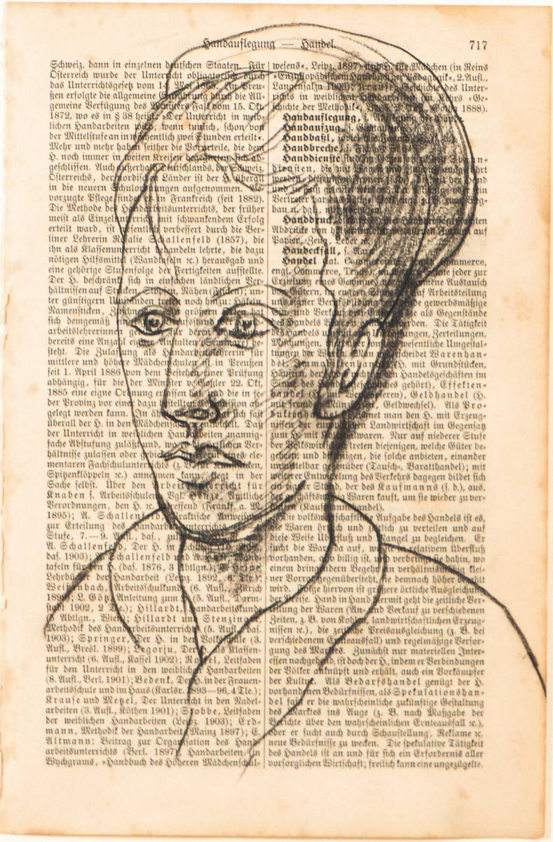 A.R. Penck, geb. 1939, Porträt einer Frau, Kohlestift auf Buchseite, Blattgr. 24x16 cm, unter Glas gerahmt