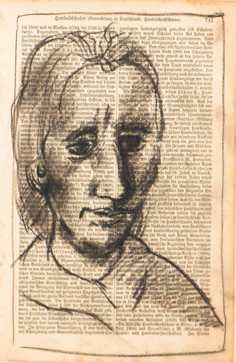 A.R. Penck, geb. 1939, Porträt einer Frau, Kohlestift auf Buchseite, Blattgr. 24x16 cm, unter Glas gerahmt