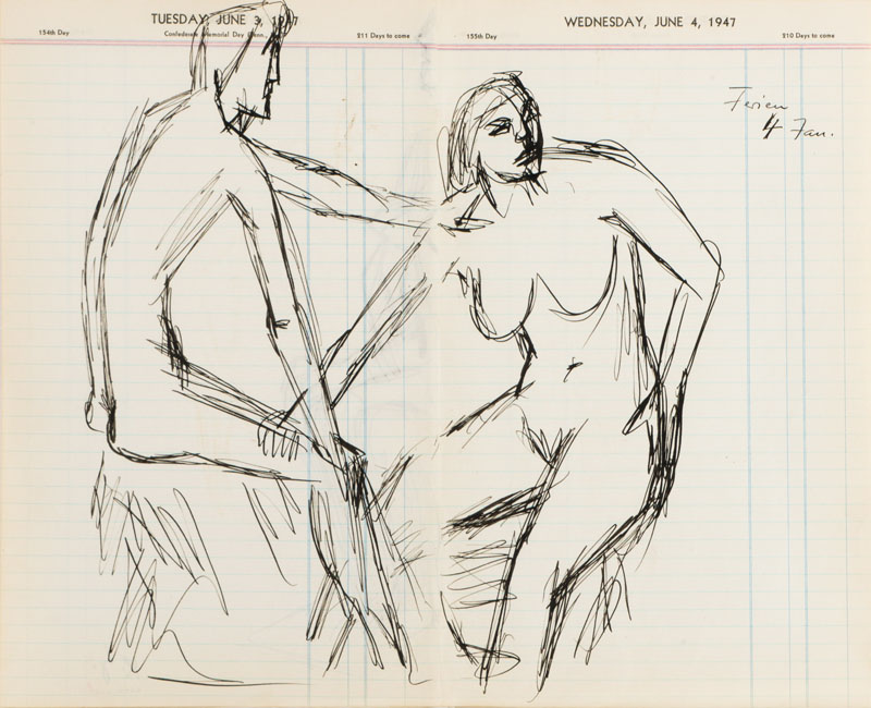 Karl Hubbuch, 1891-1979, Tusche-Zeichnungen auf zwei Kalenderblätter, beidseitig bemalt, Nachlaßstempel, Blattgr. 31,5x39 cm