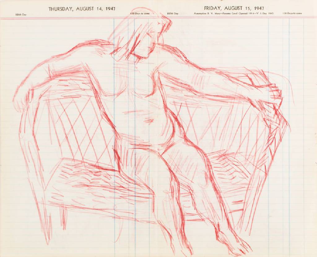 Karl Hubbuch, 1891-1979, Buntstift- Zeichnung, doppelseitig bemalt, Kalenderblatt,Nachlassstempel, Blattgr. 31x39 cm